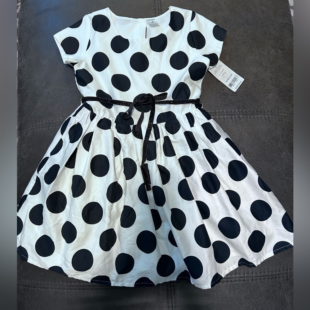 NWT Carters girls size 4 black and white polkadot dress with pockets